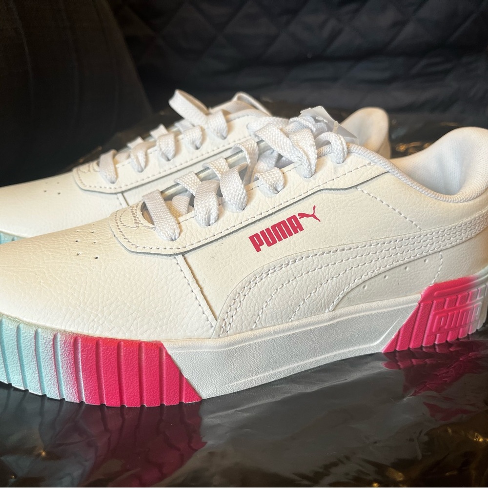 Puma Carina 2.0  (Youth) White Sneakers with Pink and Blue Accents